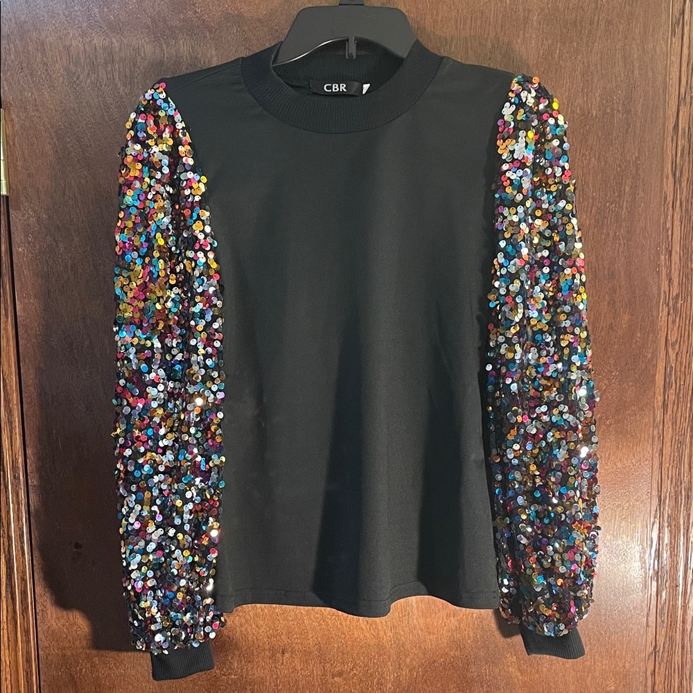 CBR Black Top with Multicolor Sequin Sleeves